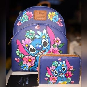 New! Loungefly Disney Stitch Flowers Mini Backpack + Wallet